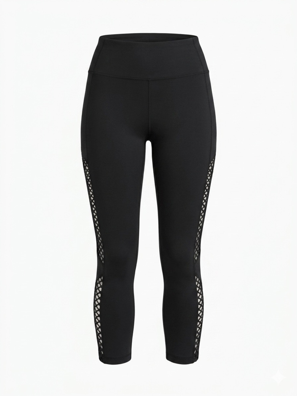 Women's Black High-Waist Capri Leggings with Side Lattice Panels
